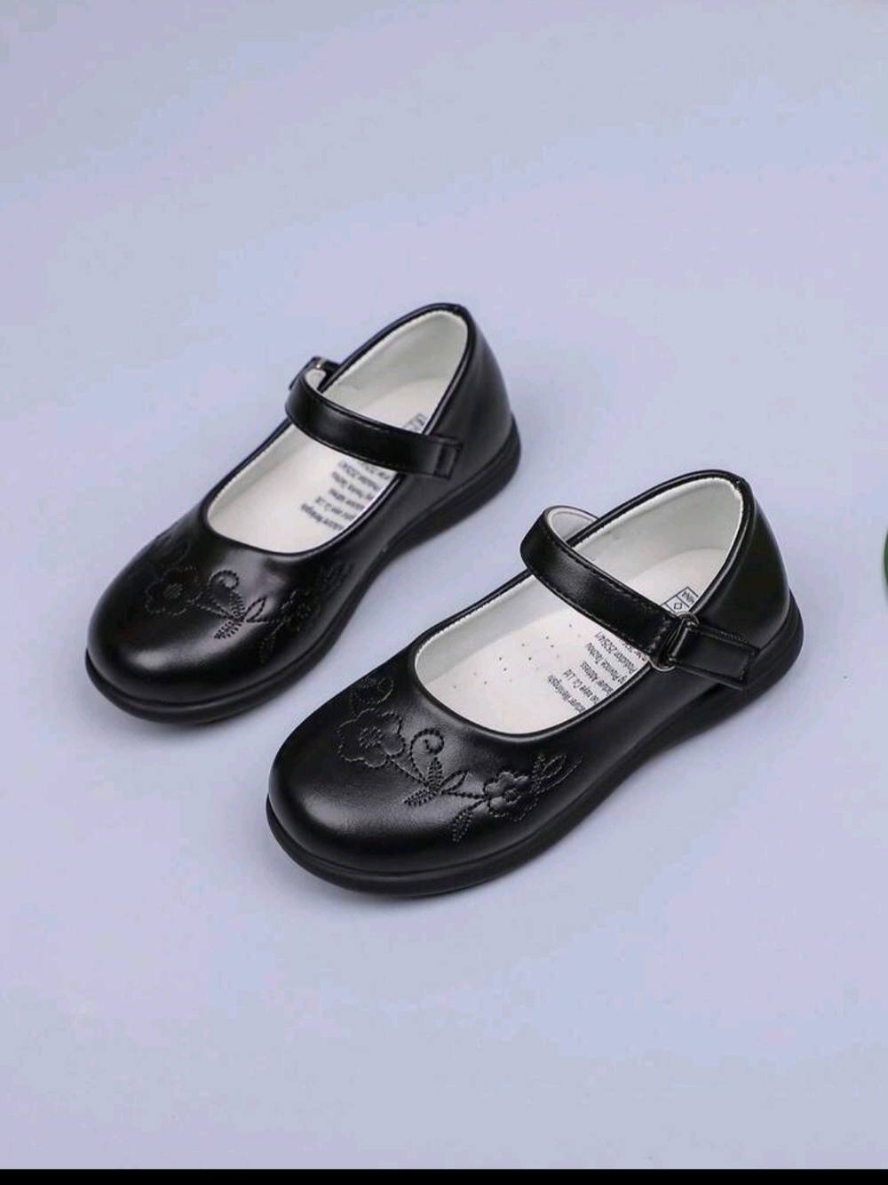 Kids Black Shoes with Floral Stitching Size 24